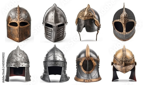 Realistic medieval and antique helmets. Armored 3d headdress with visor and protective plates made of metal and bronze with chain mail ornament