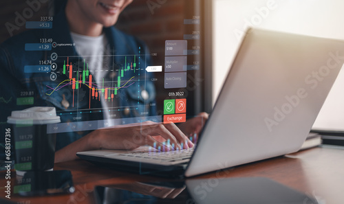 analysis, chart, graph, indicator, finance, candlestick, investment, growth, dashboard, statistic. typing laptop to use indicator for analysis trend, then invest into cryptocurrency via candlestick.
