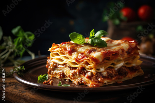 Close-up of a traditional lasagna with minced meat, bolognese sauce topped with cheese and basil leafs served on a plate on the dark rustic table