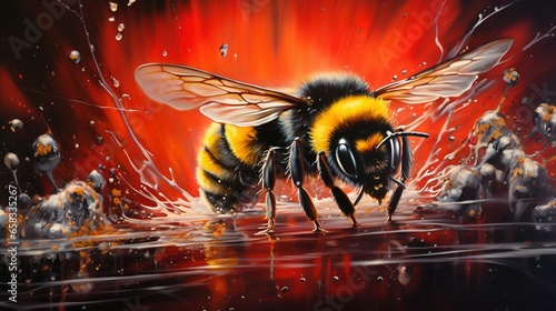  a painting of a bee on a red and black background. generative ai