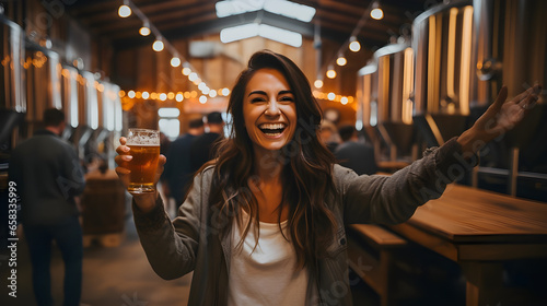 happy woman tasting beer at factory