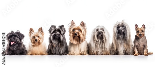 Banner featuring various long haired dog breeds isolated on white background for grooming Includes Pekingese Shih Tzu Poodle Scottish Terrier and Aberdeen Terrier