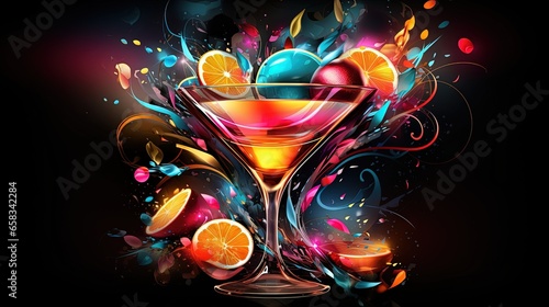  a colorful cocktail with orange slices and splashes on a black background. generative ai