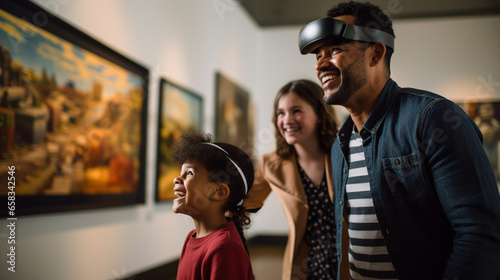 A family engaged in a virtual tour of a famous art museum, exploring masterpieces online, digital native, Gen Alpha