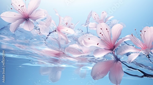  a bunch of pink flowers floating on top of a body of water. generative ai
