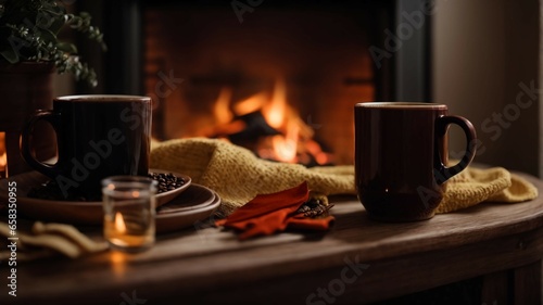 cup of hot tea on fireplace