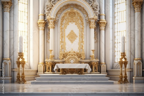 A large white and gold altar with a white table. Perfect for religious ceremonies or elegant events.