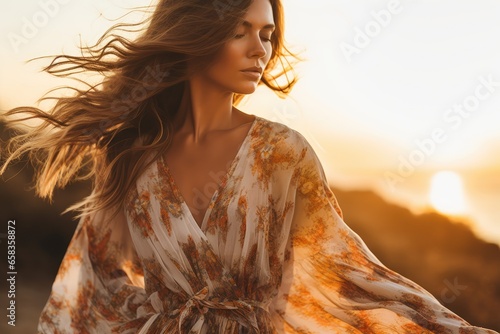 Woman in a boho maxi dress watching the sunset - Ethereal fashion moments - AI Generated