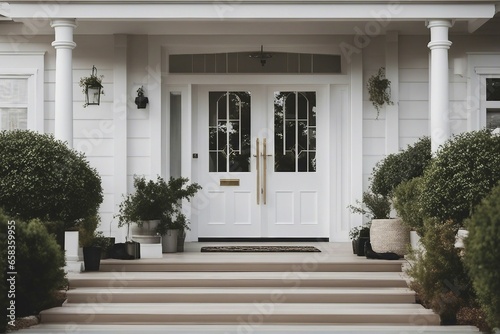 Main entrance door White front door with landing in minimalist style home cottage house