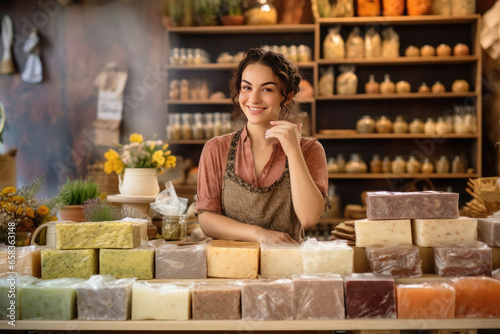 In a boutique supermarket, a young female owner assists customers in choosing gourmet cheeses and organic products.
