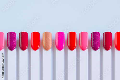A collection of colorful nail polish swatches in various shades and finishes