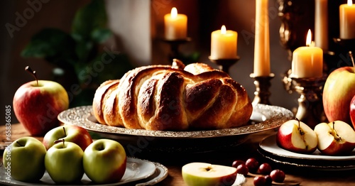 A photograph of a Rosh Hashanah Holiday Table with Apples, Honey and Challah Bread