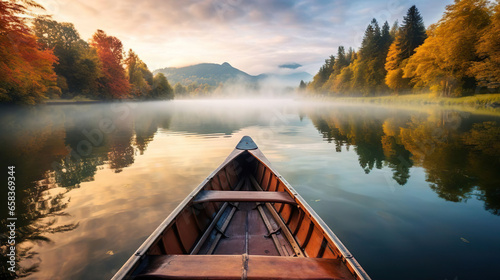 Sunrise on lake from canoe during autumn morning - Generated Ai