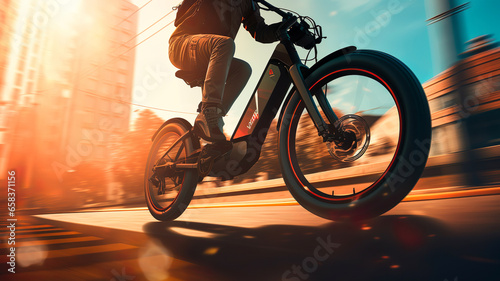 Cyclist riding e-bike through city ,view on bike and legs,
