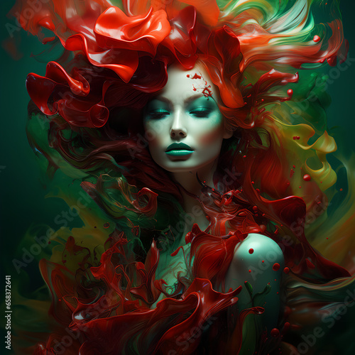 Portrait of beautiful woman with splashes of green, red and yellow paint. Creative illustration