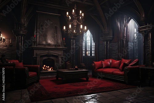 Interior Of Vast Vampire Castles Living Room. Сoncept Gothic Furniture, Dark Décor, Opulent Design, Spooky Accents