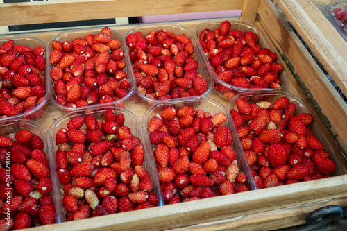 Box of ripe red wild strawberries for sale in small town Nemi, Castelli Romani, near Rome, Italy.