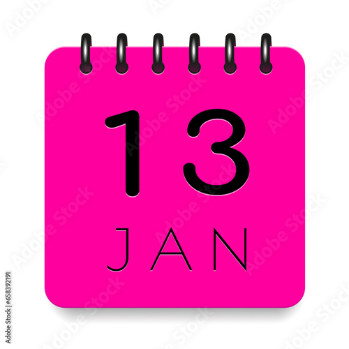 13 day of the month. January. Pink calendar daily icon. Black letters. Date day week Sunday, Monday, Tuesday, Wednesday, Thursday, Friday, Saturday. Cut paper. White background. Vector illustration.