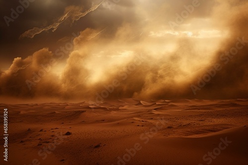 Dramatic desert sandstorm with flying sand particles. Generative AI