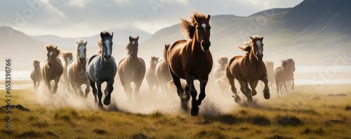  A herd of iceland horses in iceland landscape. generative ai