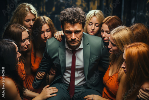 Captivating man in suit overwhelmed by excited women groupies, embodying irresistible seduction.