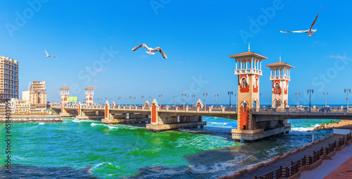 View of Stanley Bridge over the Mediterranean Sea and the harbour of Alexandria, Egypt