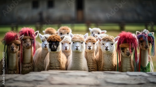 Cute herd of colorful llamas in the andes