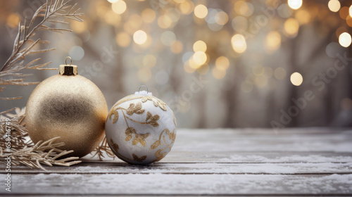 Christmas, celebration, advent, holiday, gold white baubles, branch, layong on wooden table, background with golden effekts and bokeh