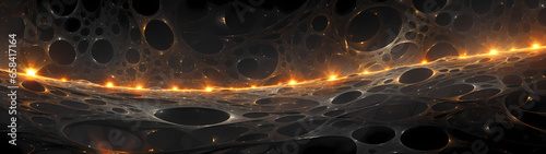 Ultra-wide view of the nanoscale realm, tiny ferromagnetic spheres interconnect through intricate, fractal-like networks, guiding shimmering ferrofluid currents