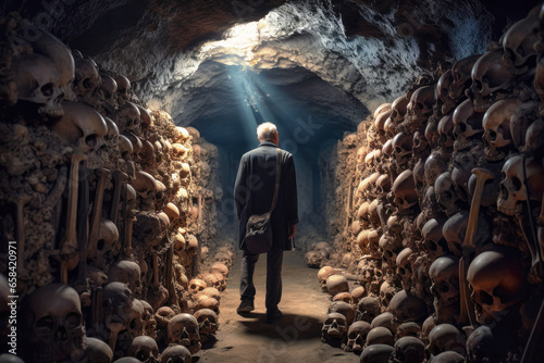 Older man explorer and archeologist discovering a mausoleum filled with bones and skulls (Generative AI)