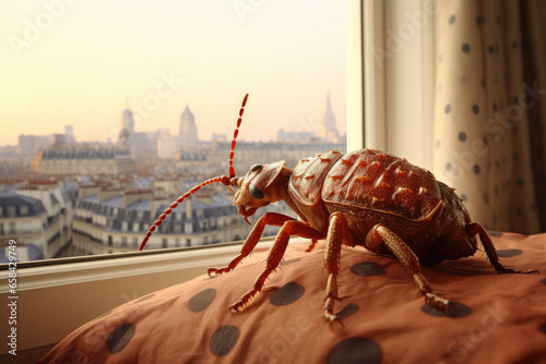 Huge bed bug sitting on a bed and looking into the window to Paris