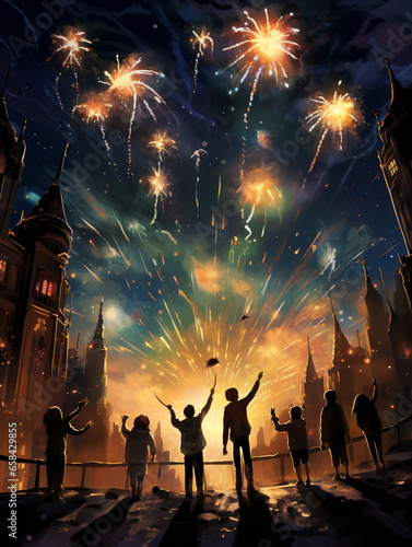 A Surreal Illustration of Friends Setting Off Fireworks in Celebration
