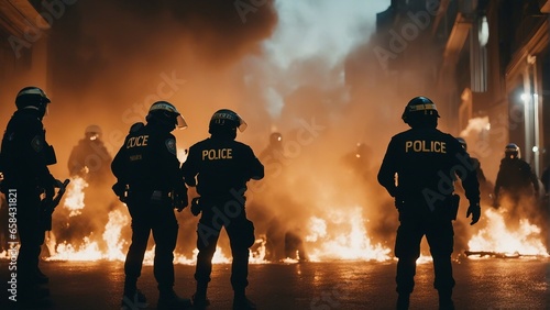 Police force intervening in front of the flames and smoke during the protests.