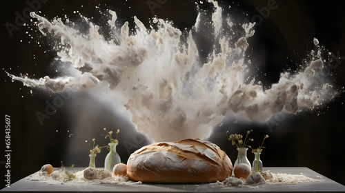 Embark on a culinary odyssey with slices of rustic sourdough bread and a cascade of flour, suspended in a graceful ballet of high-speed photography. Generative AI