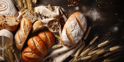 Homemade natural breads. Different kinds of fresh bread as background, top view with copy space. : Generative AI
