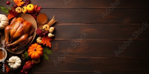 Traditional Thanksgiving turkey dinner. Top view double border on a dark wood banner background with copy space. Turkey, mashed potatoes, dressing, pumpkin pie and sides. : Generative AI