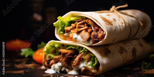 Chicken shawarma durum doner kebab copy space. kafta shawarma chicken pita wrap roll sandwich traditional arab mid east food : Generative AI