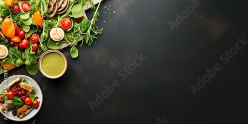 Vegan/vegetarian dinner background. Vegetable salad, sandwiches, fresh green smoothie. Healthy eating concept. Detox diet/plan. Space for text. Top view. Vegetarian lunch. Weight loss. : Generative AI