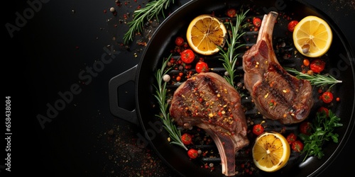 BBq Grilled lamb mutton chops steaks in a pan. Black background. Top view. Copy space : Generative AI