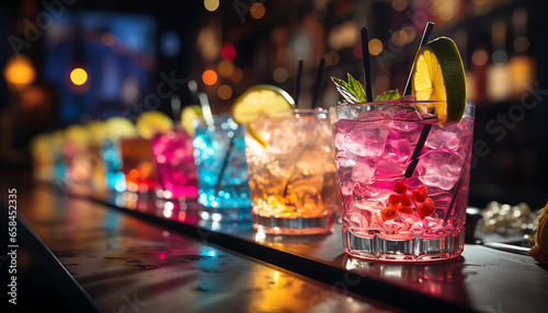 Food photography - A line of colourful cocktails on a bar