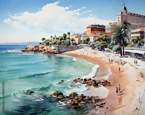 Painting of a fantasy travel destination, like the French Rivera, with waves, people, and buildings along the shore