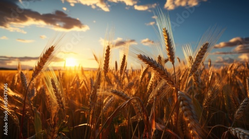 Landscape of a rural summer in the country. Field of ripe golden wheat in rays of sunlight at sunset against background of sky with clouds.