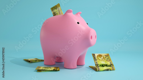 Solomon Islands Dollar notes inside pink Piggy Bank over yellow background. money in piggy bank, savings concept, 3d rendering 
