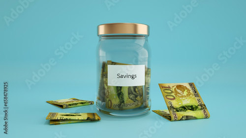 3D rendering of Solomon Islands Dollar notes in transparent savings glass container on blue background 