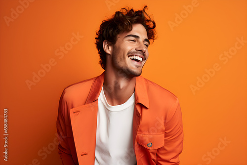 Colourful portrait of a handsome happy man laughing and smiling wearing orange jacket on bright orange background