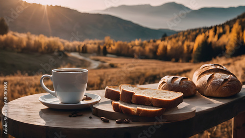 a cup of coffee with some breads and beautiful morning view of the mountain, ai generated image