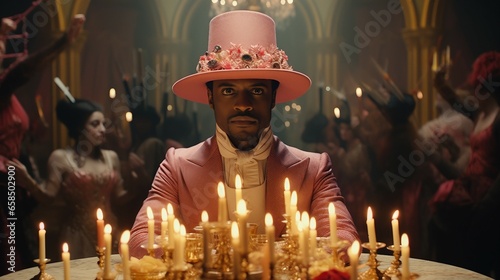 Cinematic African American male at banquet, in pink