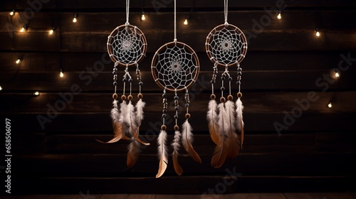 3 attache dWhite dream catcher with feather hanging at black wooden background 4k, high detailed, full ultra HD, High resolution