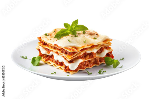 Lasagne isolated on white background. Piece of lasagna with bolognese sauce on plate. Italian cuisine