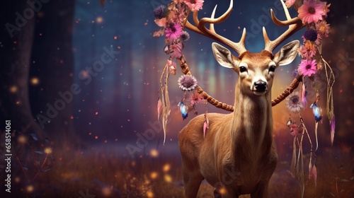 Deer with flowers and dream catcher 4k, high detailed, full ultra HD, High resolution